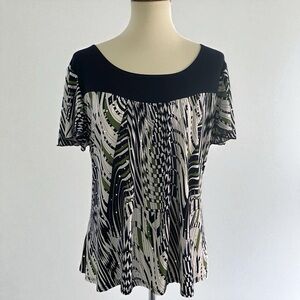 Dressbarn Abstract Navy,‎ White, and Green Blouse * Size XL